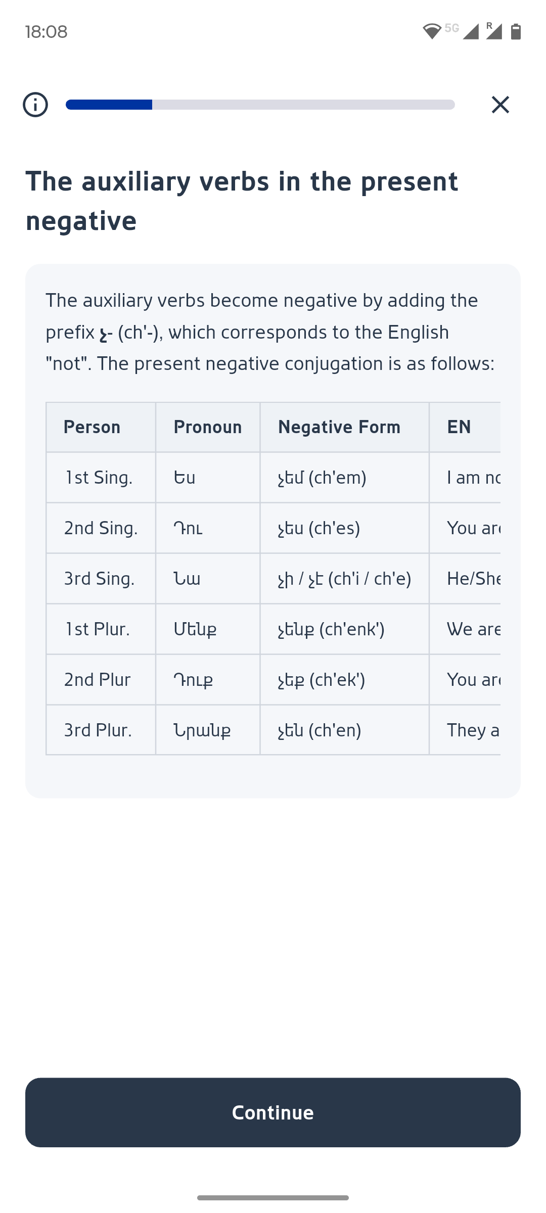 Lezugo grammar explanation screen about auxiliary verbs in the present negative